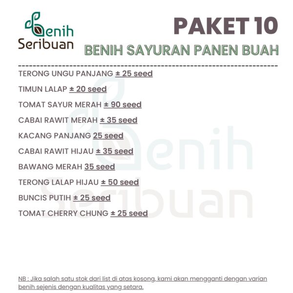 Benih Sayuran Paket 10 Macam Benih Sayur Buah F1 Hibrida Seribuan